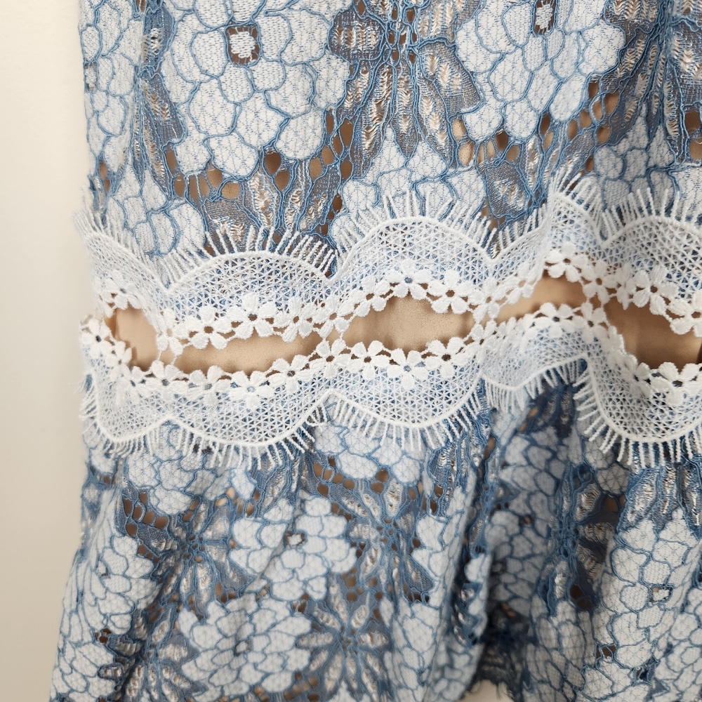 Foxiedox Blue White Floral Lace V Neck Open Back Mini Dress Sz S - Picture 4 of 11